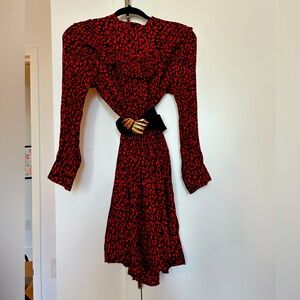 Zara red leopard print mini dress with ruffle neck and long sleeves
